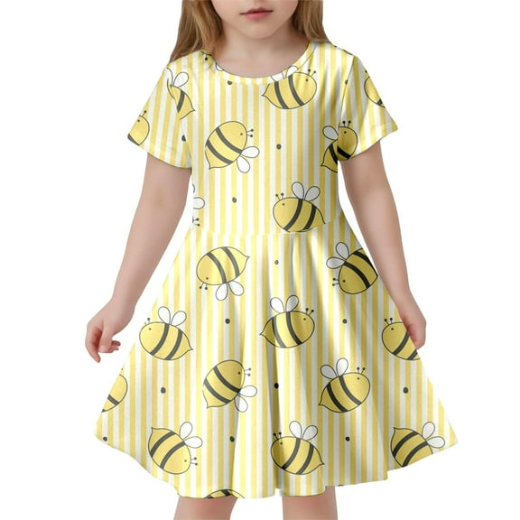 MIXUE Toddler Girls Casual Dresses Kids Summer Cute Bee Festival Print Crew Neck Short Sleeve Slim A Line Casual Dress Streetwear,Yellow,8-9 Years