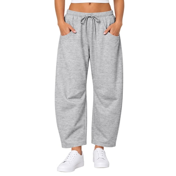 TEMOFON Barrel Sweatpants for women Fleece Lined Wide Leg with Pockets Elastic Waistband Comfy Winter Fashion Clothes Baggy Grey L