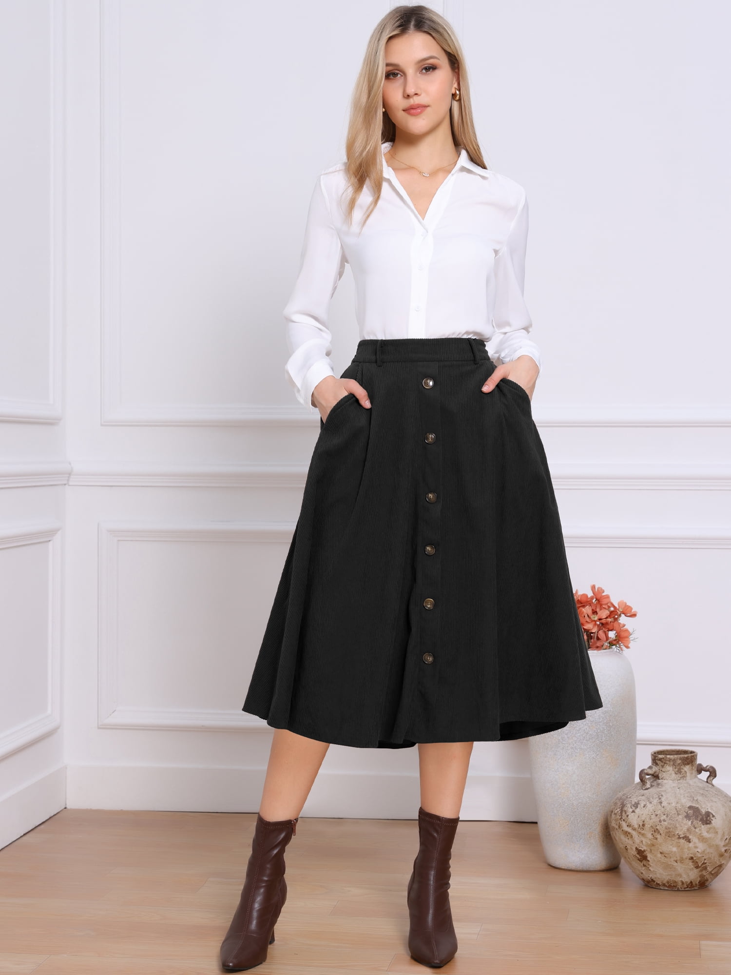 DARING DIVA Women's High Waist A Line Midi Skirts with Pockets XS Black
