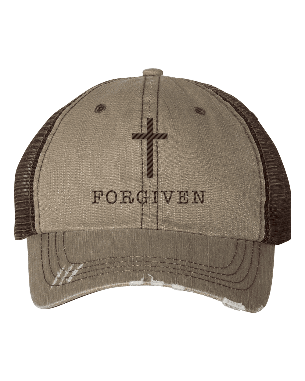 Women's Embroidered Christian Cross Baseball cap, Tan/Brown Embroidery