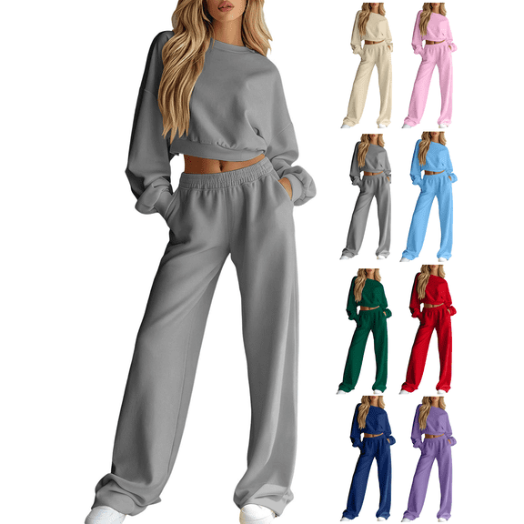 Two Piece Sets for Women Crew Neck Long Sleeve Cropped Top Wide Leg Pants Lounge Set Cozy Sweatsuits Fashion 2026