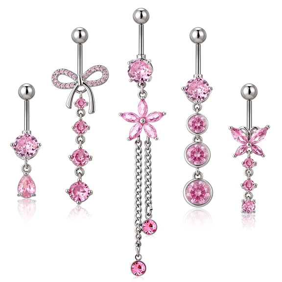 Bocaoying 5 Pcs Belly Button Rings, Belly Button Piercing Jewelry, Dangle Belly Button Rings, Stainless Steel Navel Rings, Cute Bow Flower Pregnancy Belly Rings