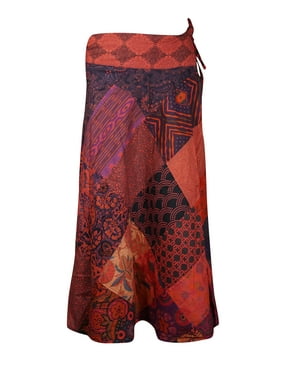 Mogul Women Blue Red Patchwork Long Skirt Catton Gypsy Ethnic Printed Hippie Bohemian Beautiful Comfortable Wrap Around Skirts