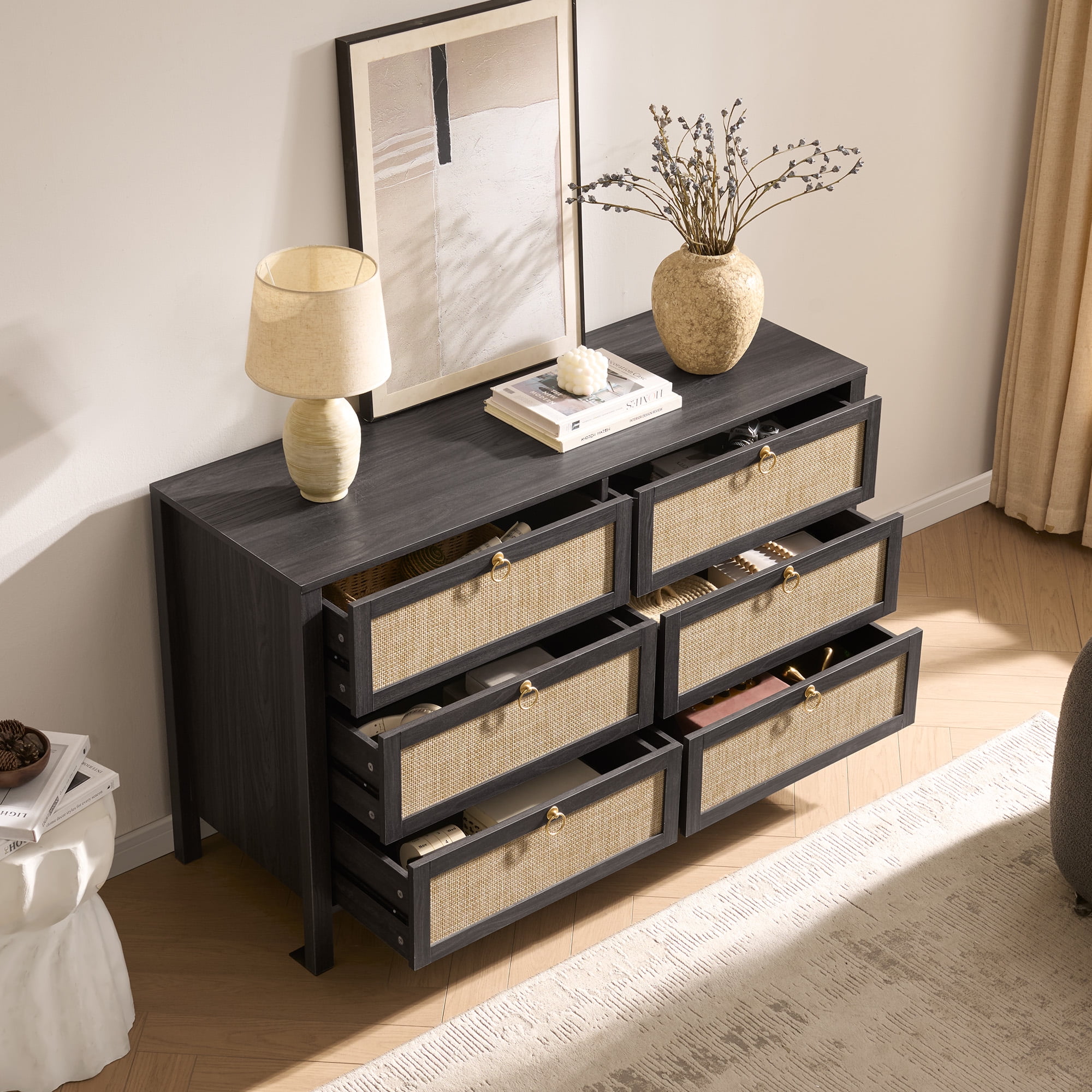 SICOTAS 51.14" Wide 6-Drawer Rattan Dresser, Large Boho Chest of Drawers with gold handle for Bedroom, Coastal Bedroom Furniture Set in Blacklack Oak