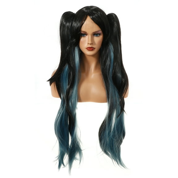 Unique Bargains Wigs for Women 31" Black Gradient Blue Wigs with Wig Cap