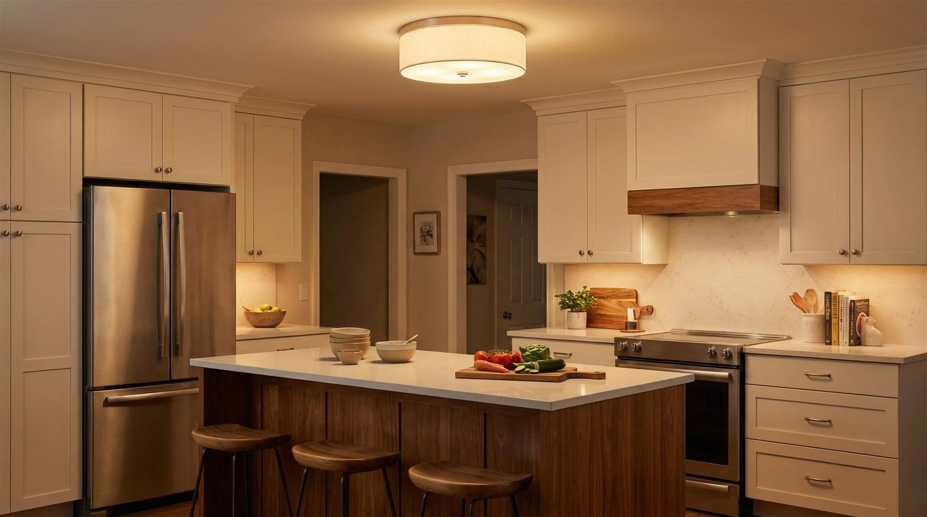 Kira Home Walker 20" Drum Flush Mount Ceiling Light, White Fabric Shade, Frosted Glass Diffuser, Close to Ceiling