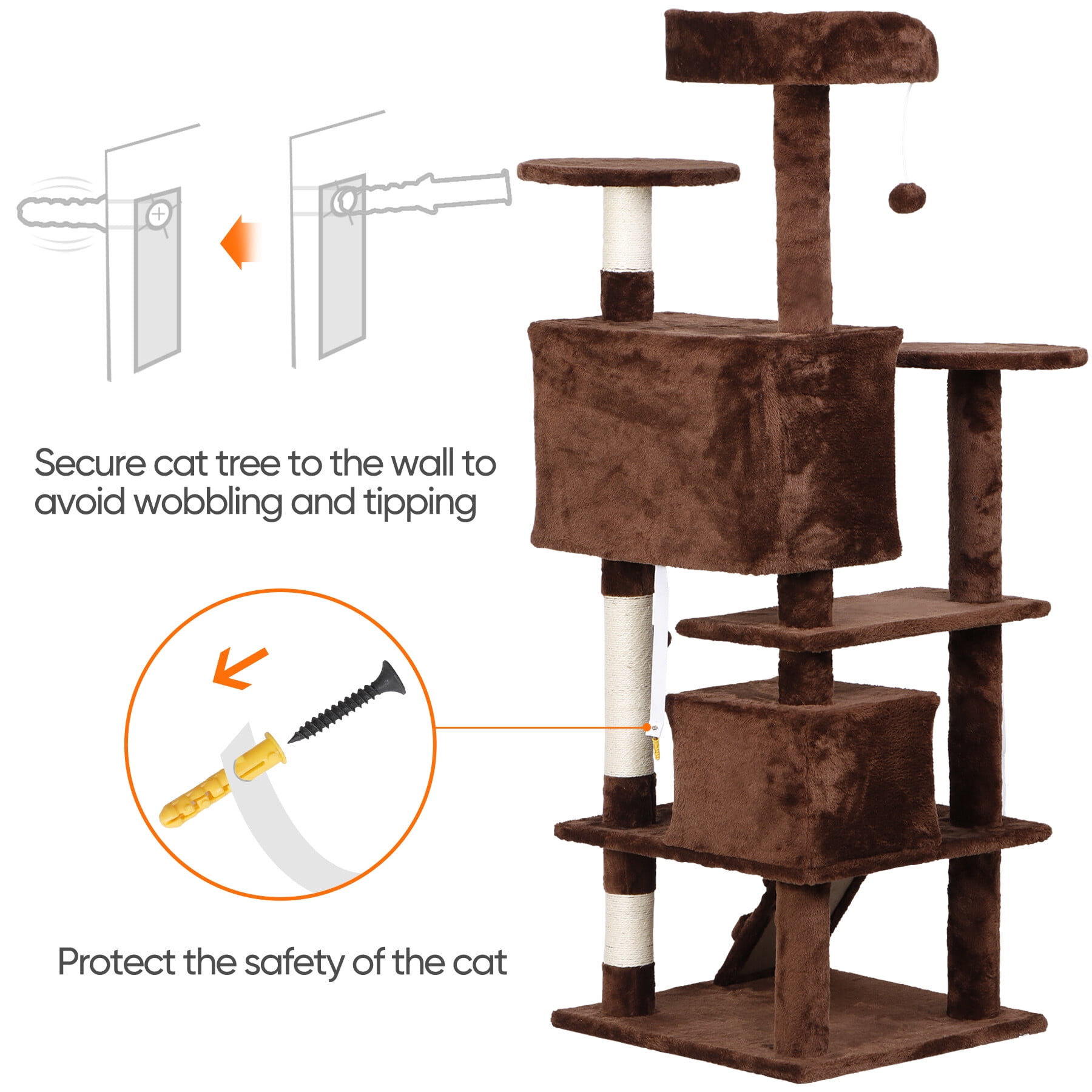 HomGarden 53'' Multi-Level Cat Tree Condo Cat Tower W/Scratching Posts & Plush Perch, Brown