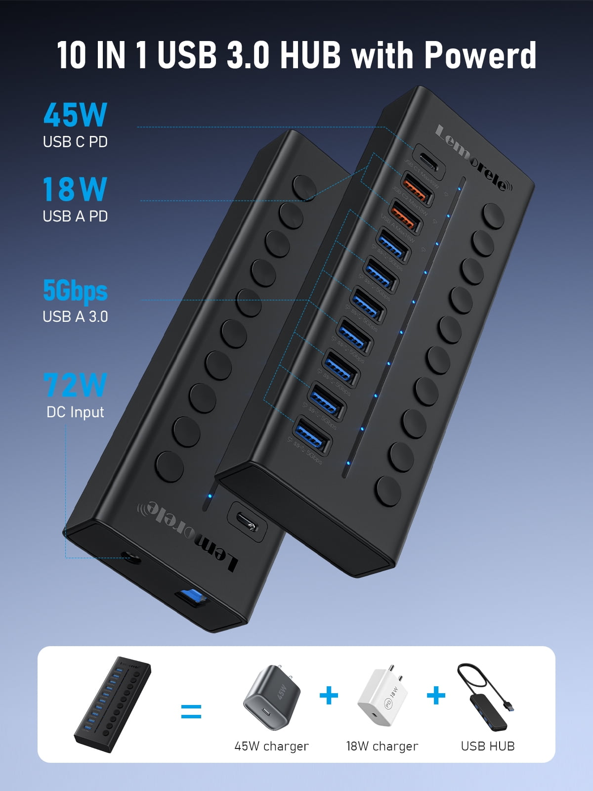 Clearance Sale!!! Lemorele 10 in 1 USB 3.0 Hub USB C Charging Ports 5Gbps Fast Charging for Windows MacOS
