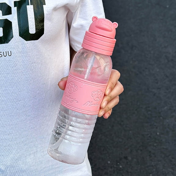 PATLOLLAV Plastic Sports Bottle Cute Cartoon Monkey Bottle with Straw Cup Cover and Portable Handle Unbreakable Portable Plastic Cup, 420ml