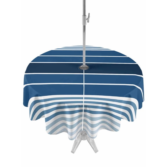 Outdoor Tablecloth with Umbrella Hole, Navy Blue Ombre Stripe Spillproof Waterproof Outdoor Table Cover, Farmhouse Striped Gradient Patio Tablecloths for Party/Garden/Picnic, Round 54 inch