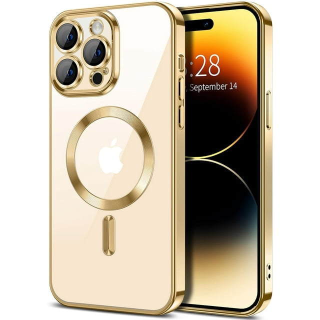 Entronix Funda Magnética Brillante Compatible con iPhone 14 Pro: Carcasa Transparente, Fina y Resistente a los Golpes con Anillo Magnético, Color Dorado
