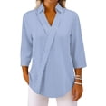 thumbnail image 6 of OIOLOYJM Women's Polo Shirts Striped 3/4 Sleeve V-Neck Golf Shirts Spring Lapel Collared Athletic Lightweight T-Shirt Fashion Business Activewear Light Blue S, 6 of 7