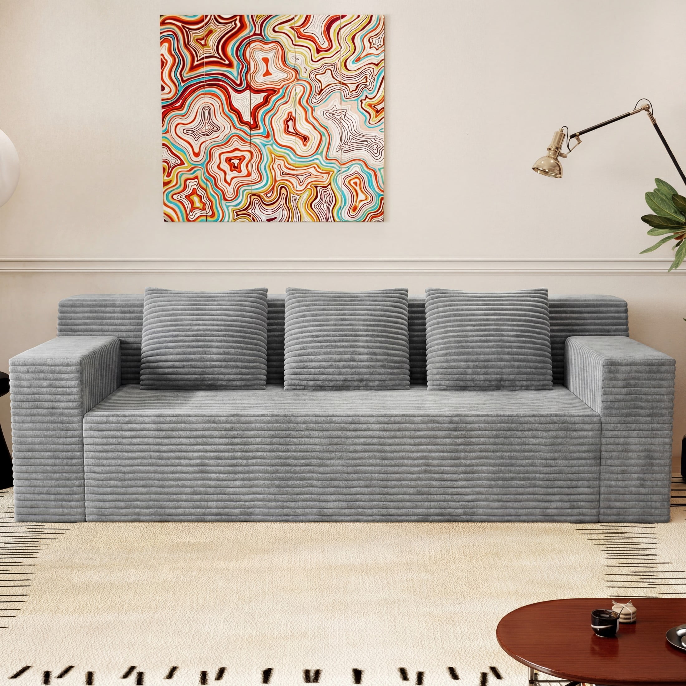 Aukfa 71" 3-Seater Modular Sofa, Corduroy Deep Seat Couch, No Assembly Comfy Sofa for Living Room, Bedroom, Apartment, Light Gray