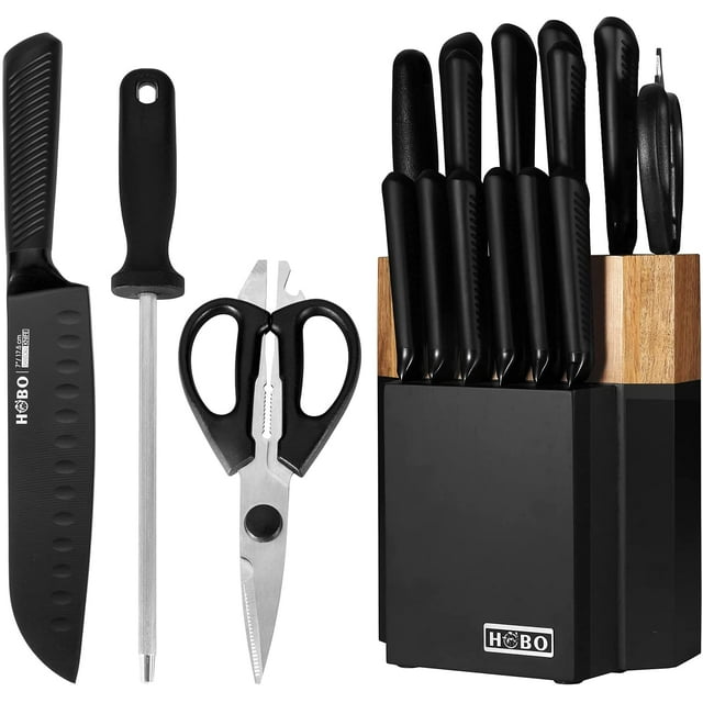 HOBO Kitchen Knife Set with Wooden Block 15-Piece Matte Black