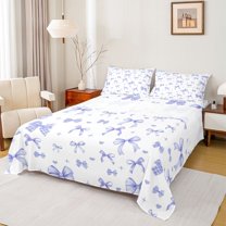 Homewish Cute Bow Knot Full Size Sheets,Kawaii Stars Loves Bed Sheets,Blue Bowtie Sheet Sets For Kids,Breathable Home Decor,4pcs