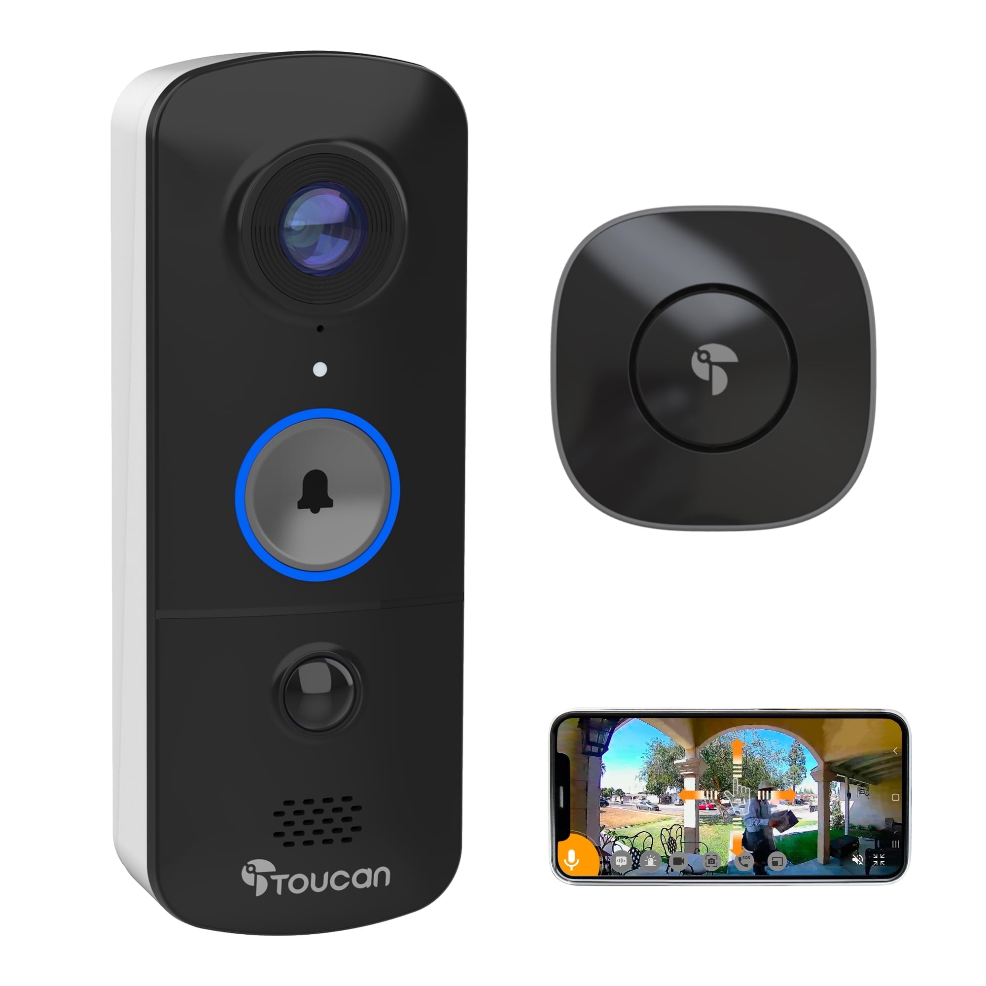 Toucan Wireless Video Doorbell V3 with Chime No Monthly Fees Waterproof Wi-Fi Two-Way-Talk Battery Powered Night Vision