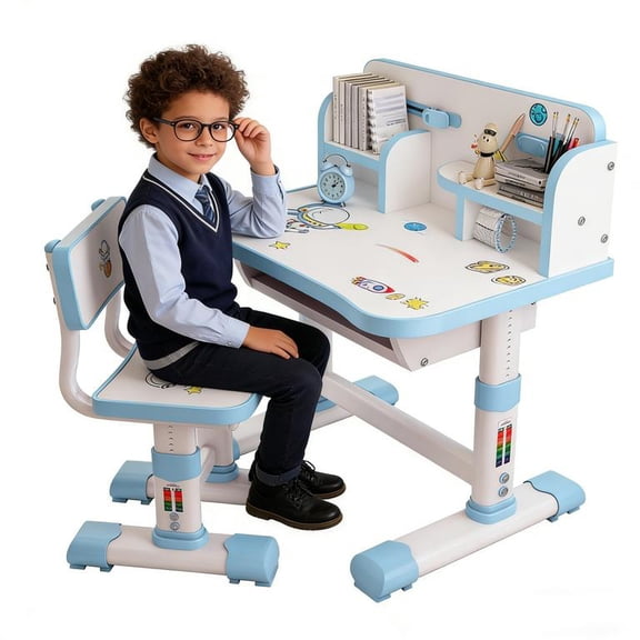 Floseru Kids Desk and Chair Set, Study Table and Chair, Desk for Kids, Children's Desks with Golden Distance Design, Homeschooling Writing Desk with Desktop for Boys and Girls