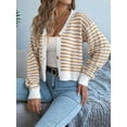 thumbnail image 2 of Womens Long Sleeve Striped Cardigan Sweaters Striped Cropped Button Fall Trendy Open Front Knit Sweater Coats Khaki L, 2 of 8