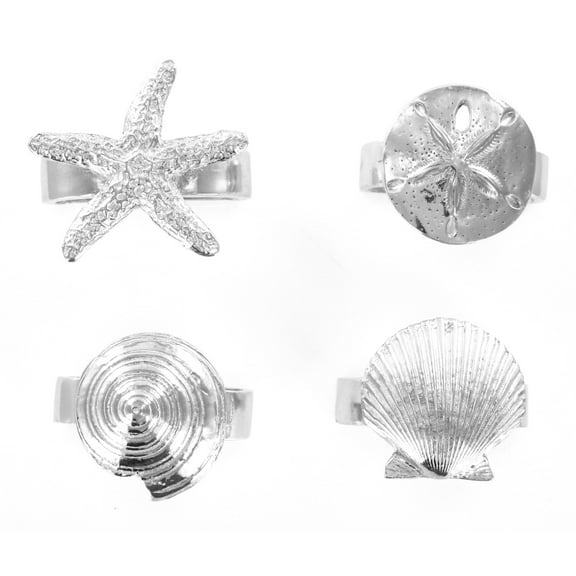 Pewter Seaside Seashell Starfish Napkin Rings Set of 4