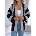 thumbnail image 2 of Women'S Autumn and Winter Contrast Striped Trumpet Sleeve Cardigan Sweater Mid-Length Coat Grey XL, 2 of 8