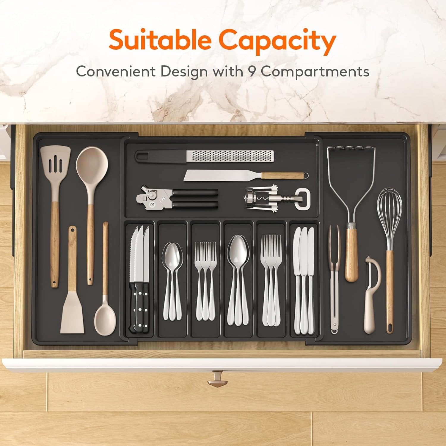 Silverware Drawer Organizer, Expandable Utensil Tray for Kitchen, BPA Free Flatware and Cutlery Holder, Adjustable Plastic Storage for Spoons Forks Knives, 8.5-14 x 12", Black