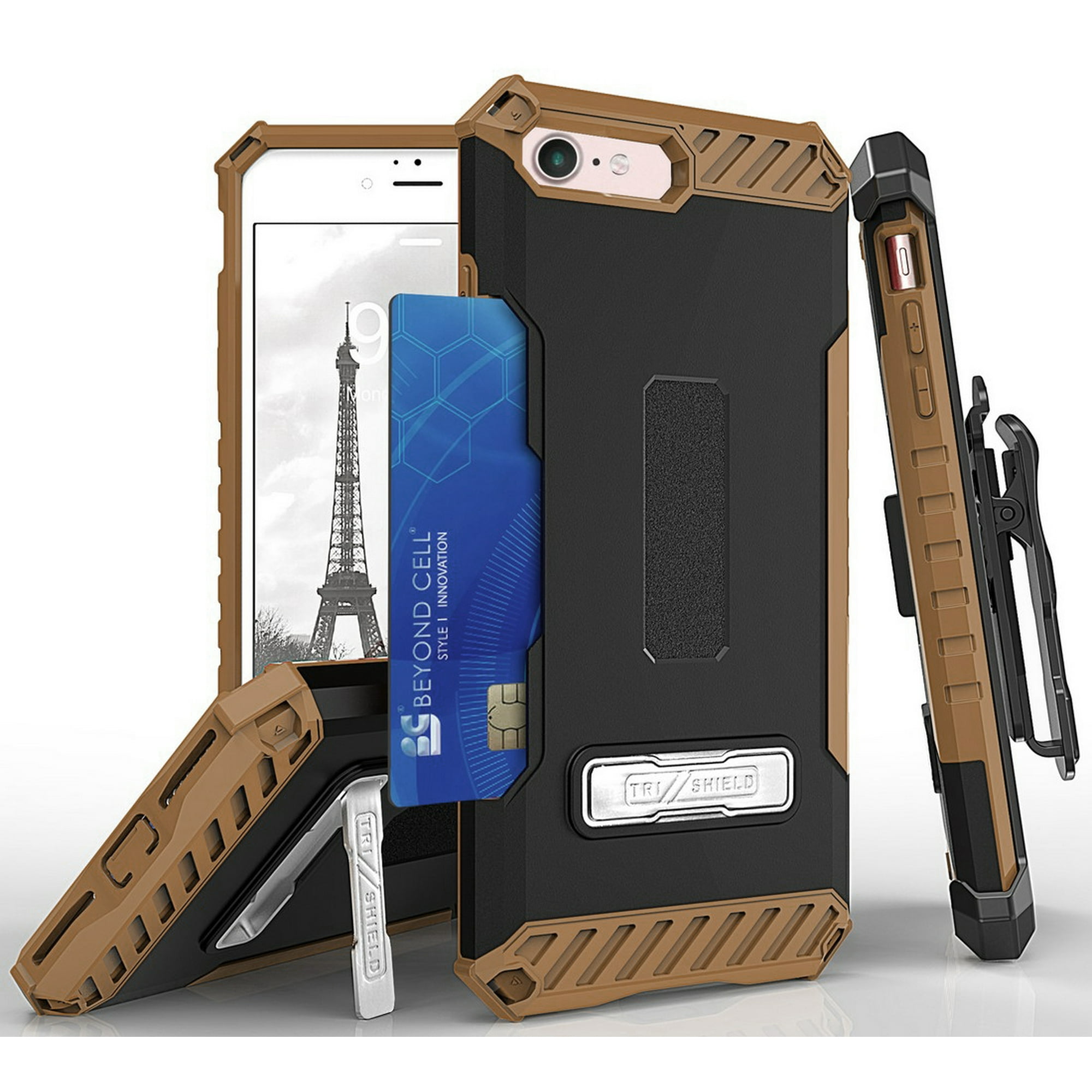 Case with Clip for iPhone SE 2022/2020, Tri-Shield Rugged Cover and Belt Hip Holster [with Kickstand + Credit Card Wallet Slot + Wrist Strap] for iPhone SE (2022/2020), iPhone 8, iPhone 7
