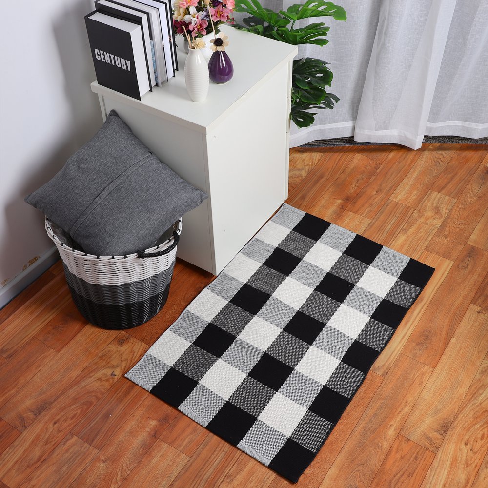 Washable Cotton Checkered Plaid Area Floor Runner Doormat Rugs Carpet for Indoor/Outdoor Black