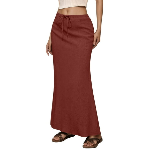 MIXUE Skirts For Women Summer Solid Color Elastic High Waist Drawstring Casual Bodycon Midi Maxi Skirt Beachwear,Gray,S