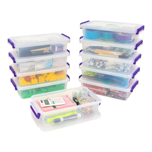 IRIS USA 10 Pack 2.7 Qt. Storage Bin with Secure Buckle-up Lid, Stackable, for Stationeries, Crafts, Toys, and Small Parts, Organization Solutions for Office, Kids Room, and Classroom, Clear/Violet