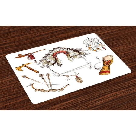 Chef Table Mats Tribal Placemats Set of 4 Ethnic Tomahawk Tribal Native Chef Dreamcatcher Feather Old World Motifs Image, Washable Fabric Place Mats for Dining Room Kitchen Table Decor,Marigold Beige, by Ambesonne ()
