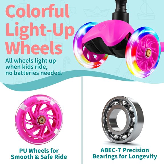 Kids 3 Wheel Scooter with Light Wheels, Adjustable Height, Lean to Steer for Ages 2-6