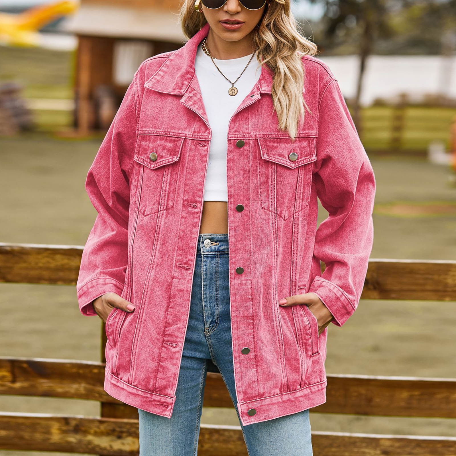 Wolfast Lapel Collar Denim Jacket for Women Long Sleeve Button Jean Coat with Pockets Trendy Casual Outwear Pink M Walmart