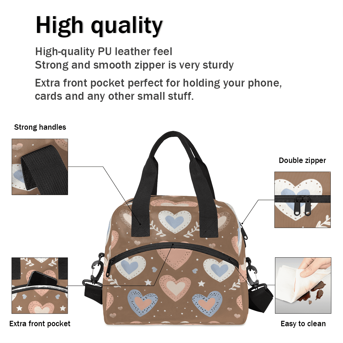 Herdesigns Cute Insulated Lunch Bag for Women Men Adults Large Reusable Lunch Box Heart Pattern Leakproof Cooler Tote Bags with Adjustable Shoulder Strap