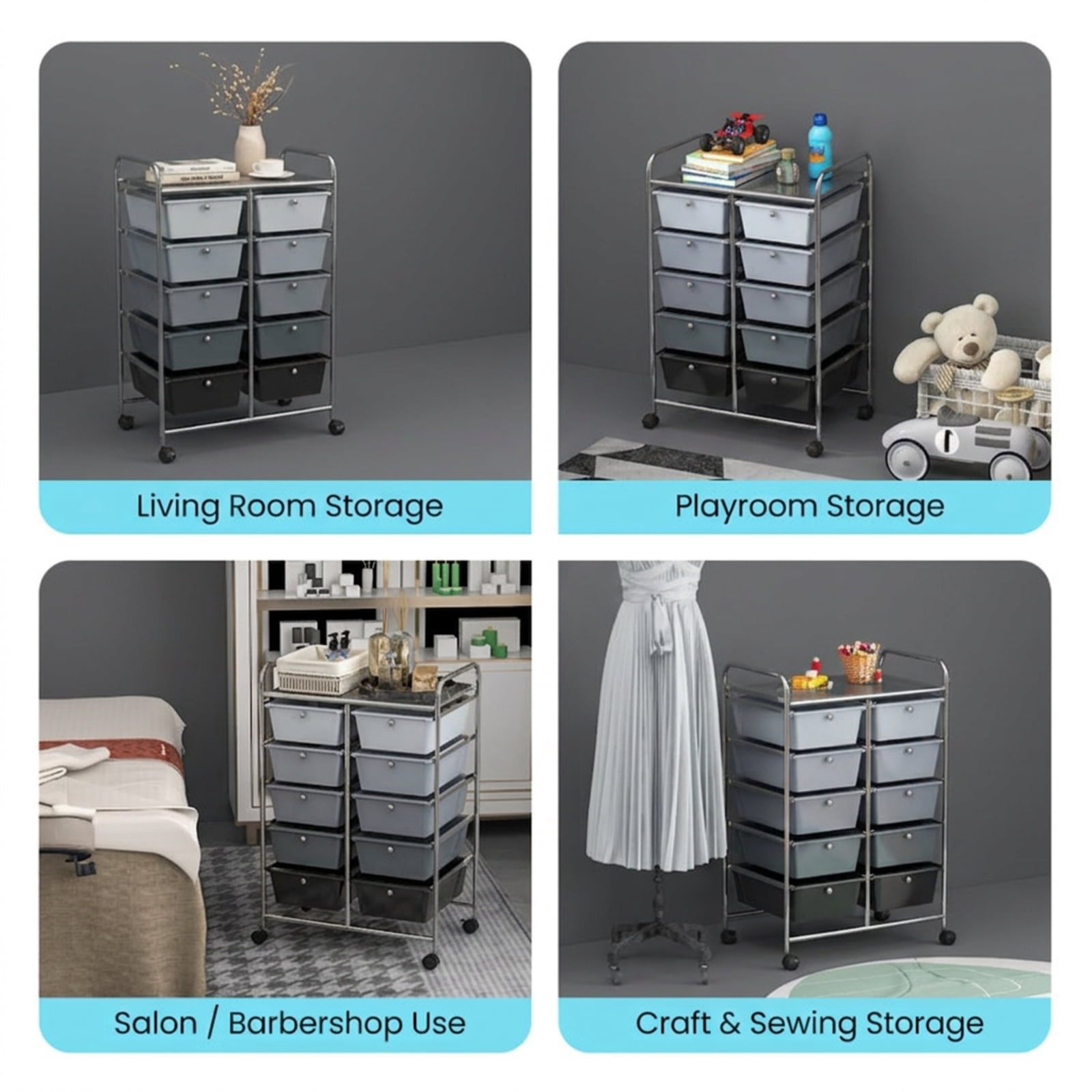 Furnibear 10-Drawer Rolling Storage Cart Multi Organizer for Home Office Craft Room Classroom Multi Use Mobile Storage Solution, Gray