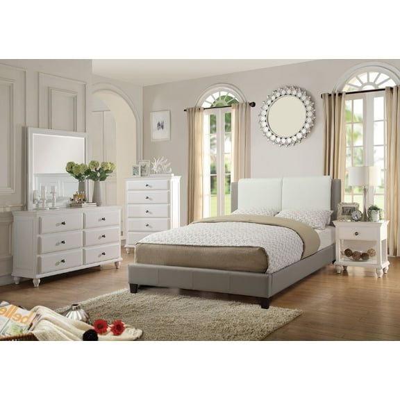 White And Grey Modern California King Size Bed 4pc Set Dresser Mirror Nightstand Bedroom Furniture