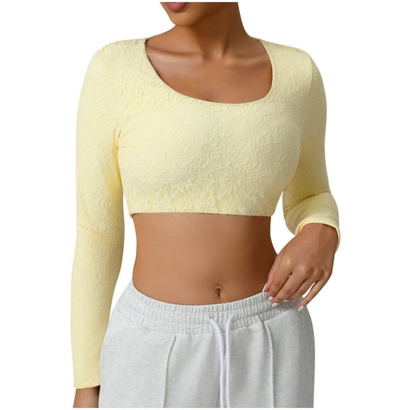 Lenpel Women's Crop Tops Long Sleeve Scoop Neck Floral Embroidery Slim Cropped T Shirts Going out Tees Casual Workout Blouses(Yellow,X-Large)