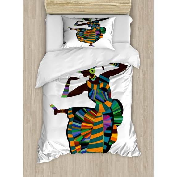 African Woman Duvet Cover Set Twin Size, Black Girl in a Traditional Dress Performing an Ethnic Dance Native Zulu, Decorative 2 Piece Bedding Set with 1 Pillow Sham, Multicolor, by Ambesonne