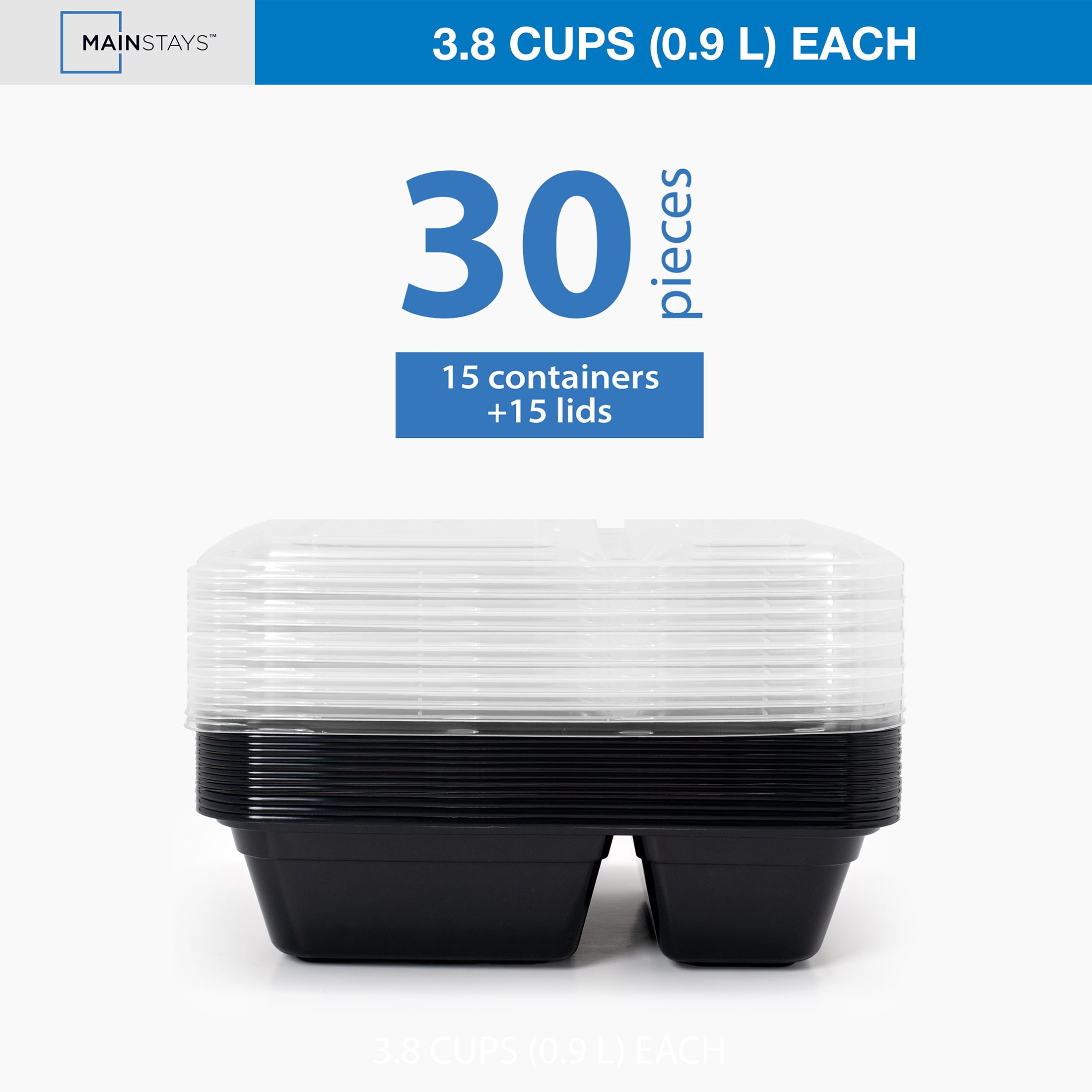 (3 pack) Mainstays 30-Piece (15 Containers + 15 Lids) with 2-Compartment Meal Prep, BPA-Free, Leak-Resistant, Microwave and Dishwasher Safe
