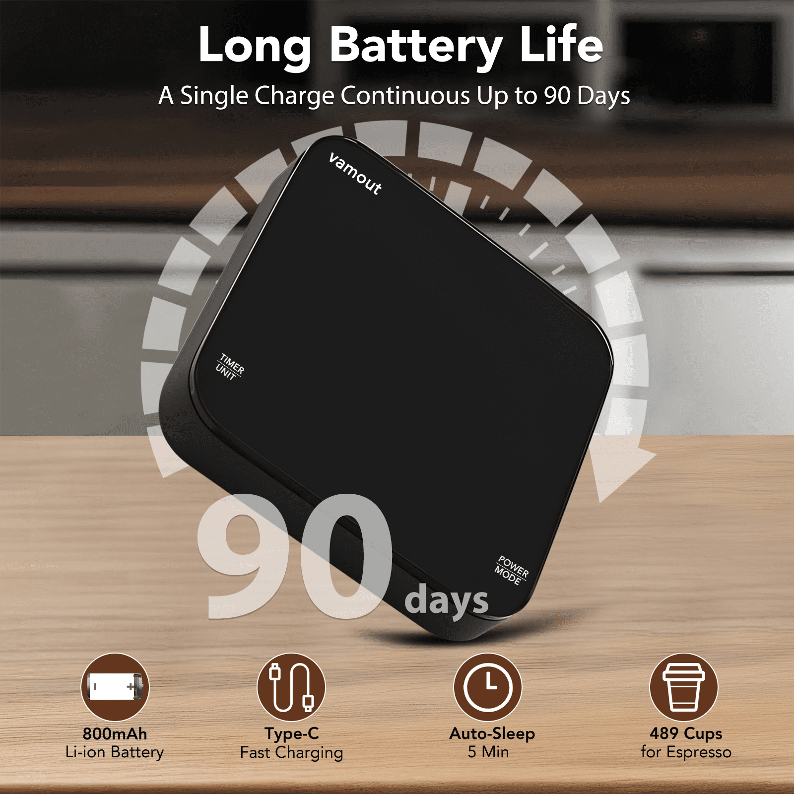 VAMOUT Coffee Scale with Timer, Rechargeable Mini Espresso Scale, 2kg/0.1g Accurate Food Scale for Pour-Over and Espresso Coffee, LCD Display, Portable Digital Kitchen Scale with Automatic Timing