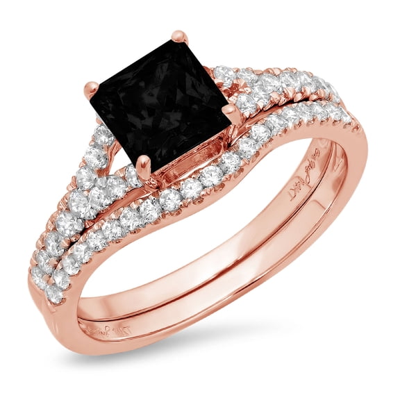 3.36 ct Brilliant Princess Cut Natural Onyx 14k Rose Gold Solitaire with Accents Bridal Set SZ 5.25