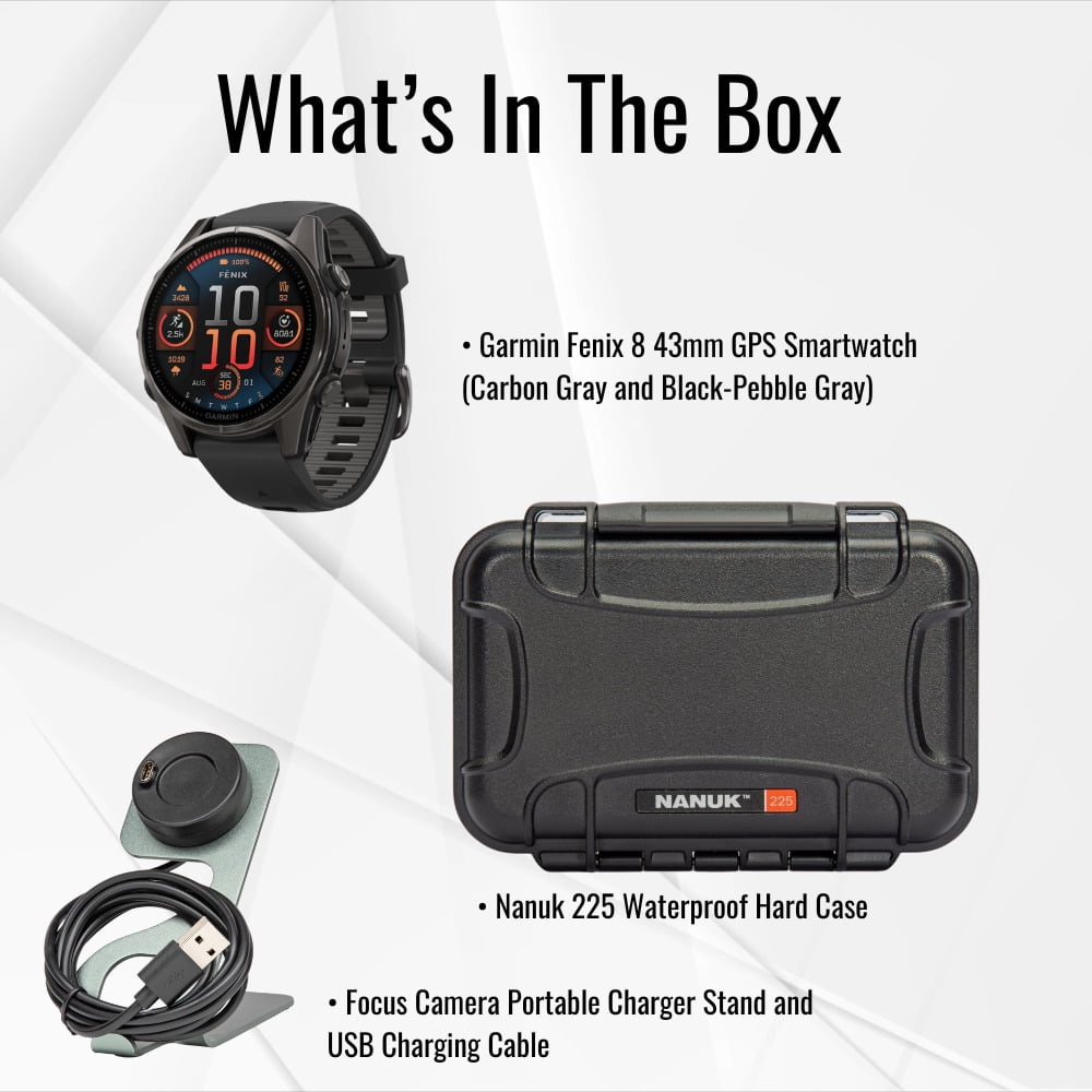 Garmin fenix 8 43mm GPS Smartwatch (Carbon Gray DLC Titanium and Black-Pebble Gray) Bundle with Waterproof Hard Case (Black) and Focus Camera Charger Stand for Garmin Smartwatches (3 Items)