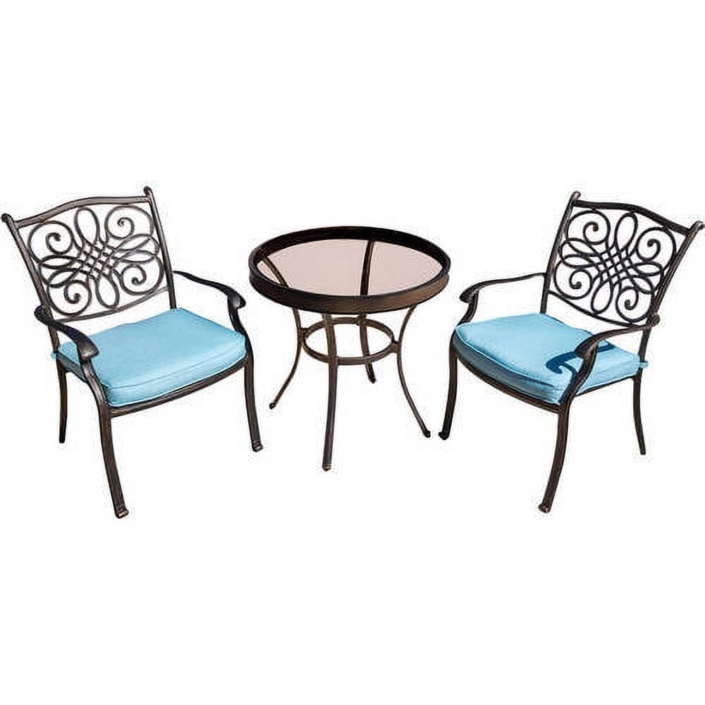 Hanover Traditions 3-Piece Bistro Set in Blue with 30 In. Glass-top Table