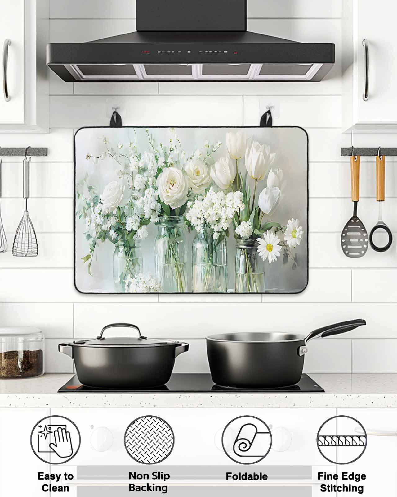 Stove Top Covers for Electric Stove 36x21 Inches, Daisies Flowers Heat Insulation Fireproof Glass Cooktop Protector, Vintage Watercolor Bottle Floral Countertop Stovetop Cover for Kitchen