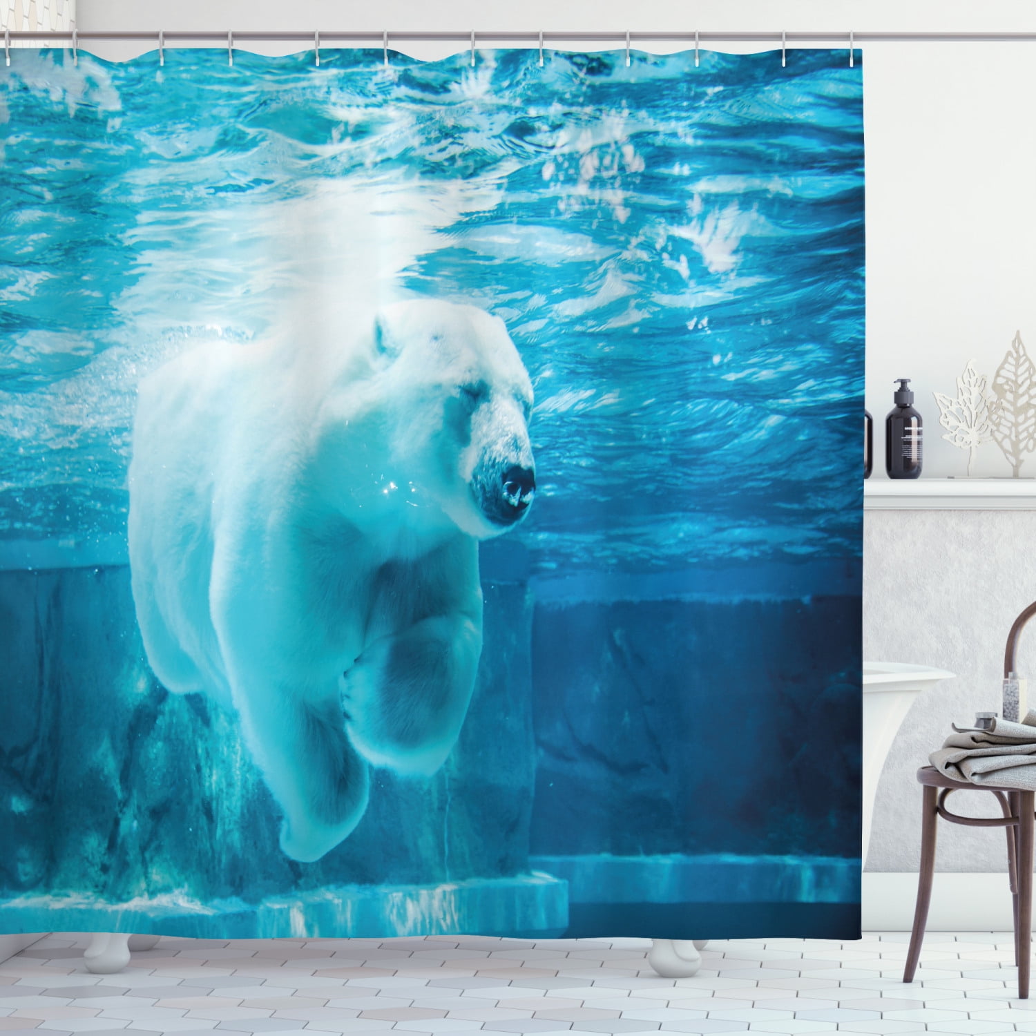 Ambesonne Bear Shower Curtain, Arctic Polar Underwater, 69"Wx84"L, Blue