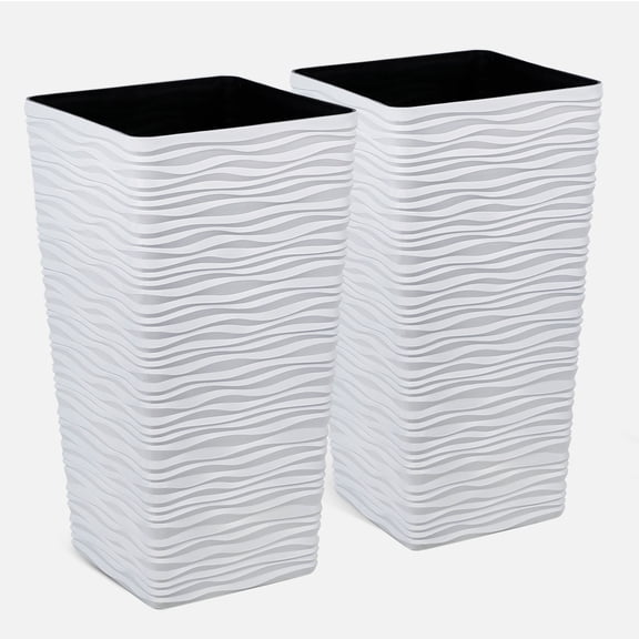 WORTH 22 inch Planters for Indoor Plants,White Planters Outdoor Set of 2, Plastic Square Pots for Plants, Matte Wavy Modern Planter Large Plant Pot Tree Pot
