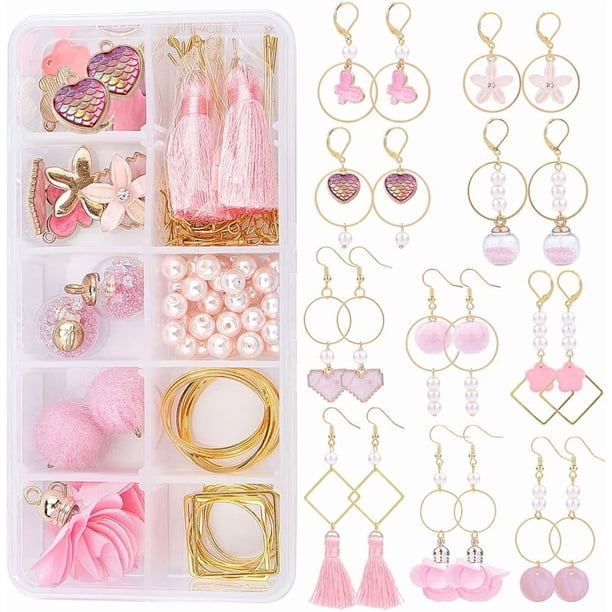 1 caja DIY con 10 pares de dijes rosas de corazón, kit de inicio para hacer aretes navideños, regalo de San Valentín, dijes de corazón de amor, dijes de flores de mariposa esmaltadas.