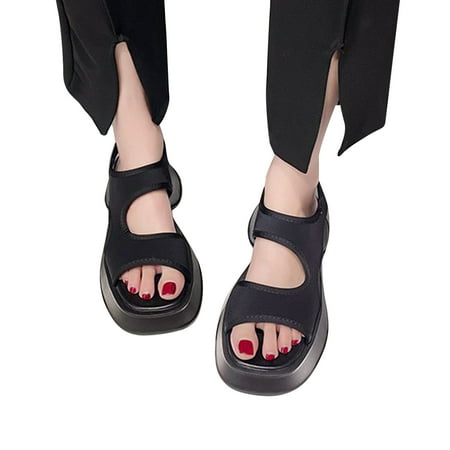 

Thick Bottom Summer Shoes Fashionable Elastic Casual Fitted Open Toe Slide Summer Shoes for Women Black 37