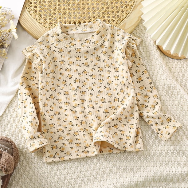 Camisa de niña con estampado floral de otoño e invierno, camiseta de niña con mangas voladoras, camiseta de otoño para niña, camisa de niña con mangas voladoras a juego