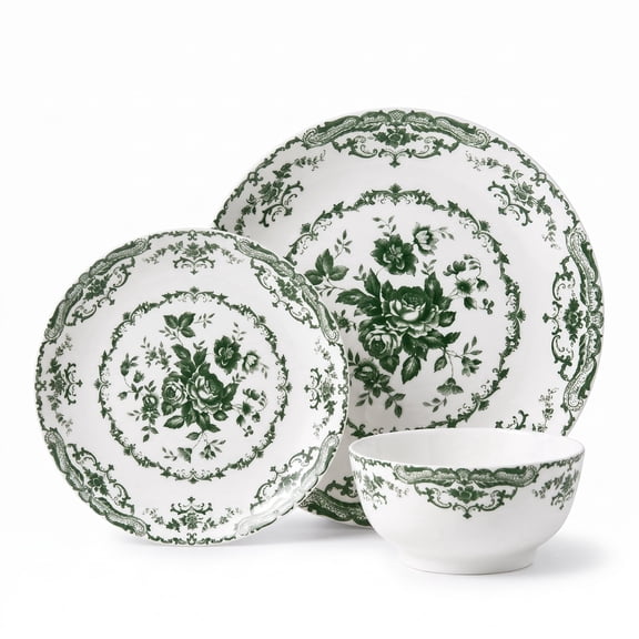 Vesteel 12 Pieces Bowls and Plates Set, Floral Ceramic Dinnerware Set for 4, Porcelain Tableware Dishes Set for Kitchen, Dining, Microwave & Dishwasher Safe, Vintage Green