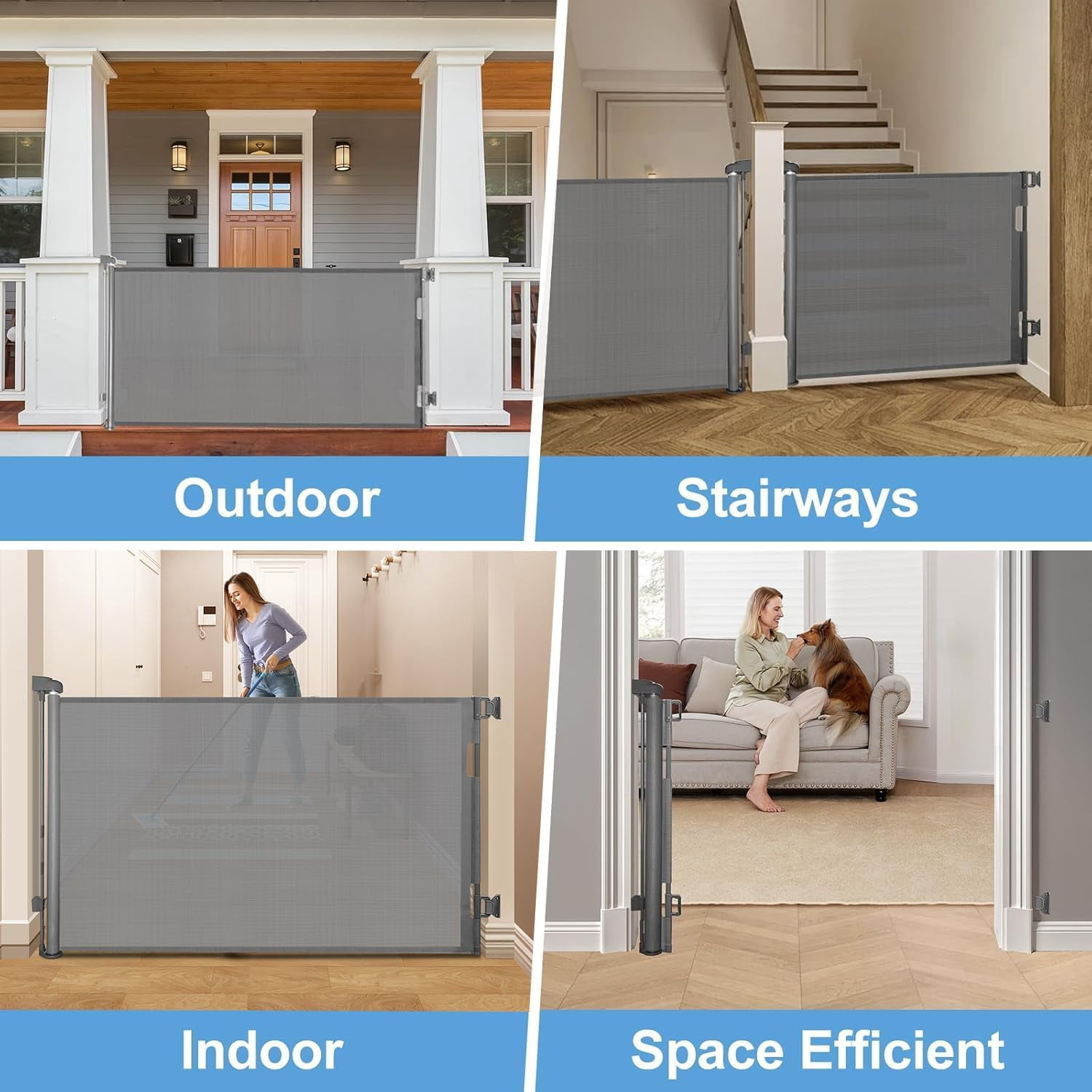 Retractable Baby Gate for Stairs – 33” Height, Expands up to 55” Width – Safety Gate for Infants, Toddlers, Dogs & Pets – Easy Install, Secure Closure, Gray Mesh Design for Indoor & Outdoor Use